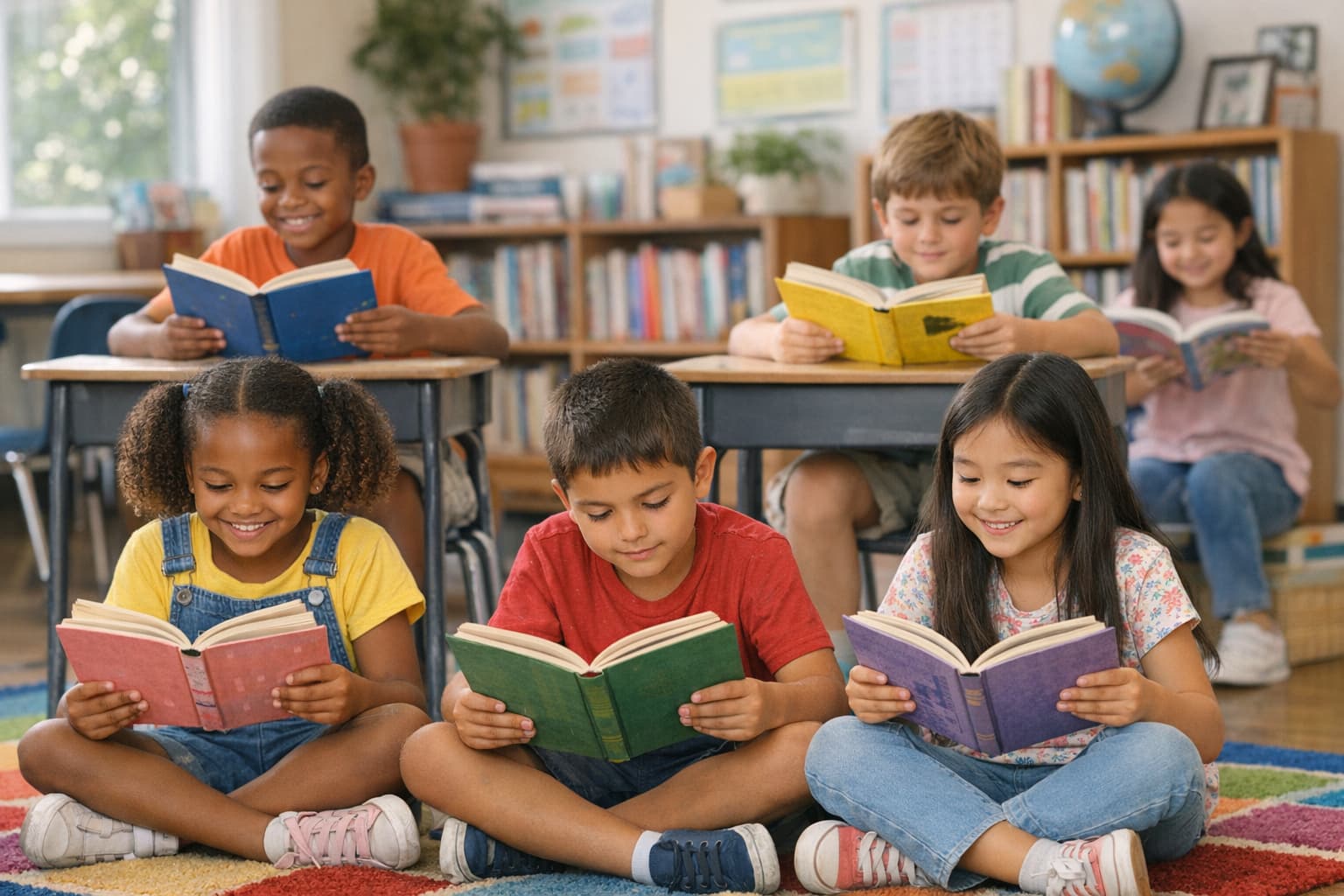 Racially diverse children ages 6 to 12 reading together in a warm classroom setting