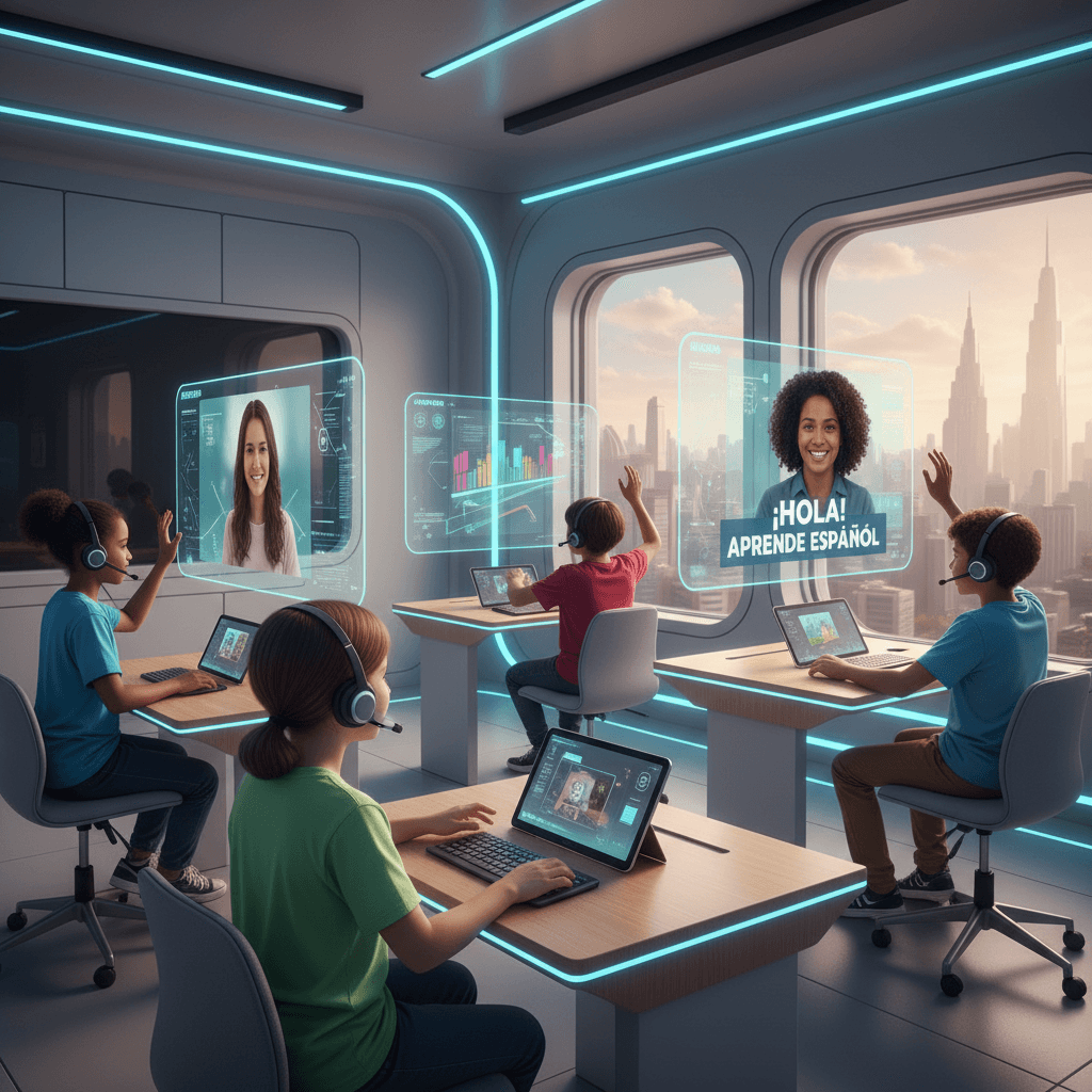 Middle school student engaged in online Spanish class