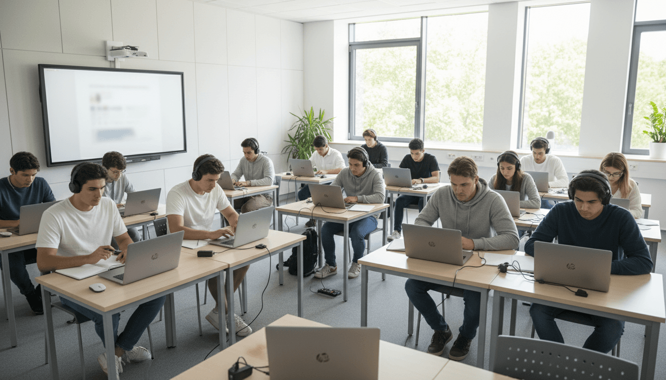 Modern classroom with high school students working on laptops
