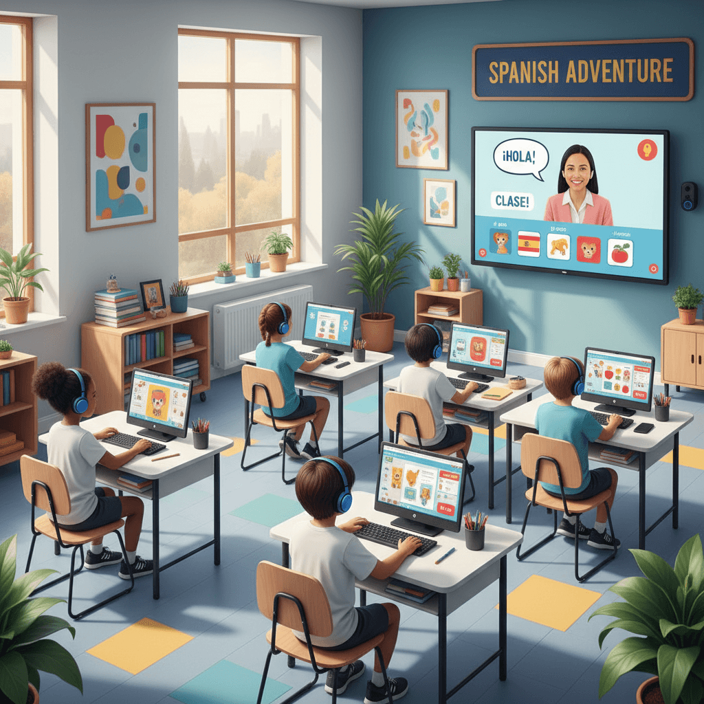Elementary student learning Spanish online in a fun interactive class
