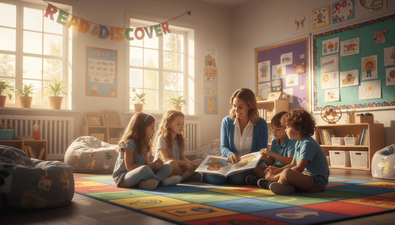 Teacher providing personalized reading instruction to engaged elementary students in a warm, supportive classroom environment