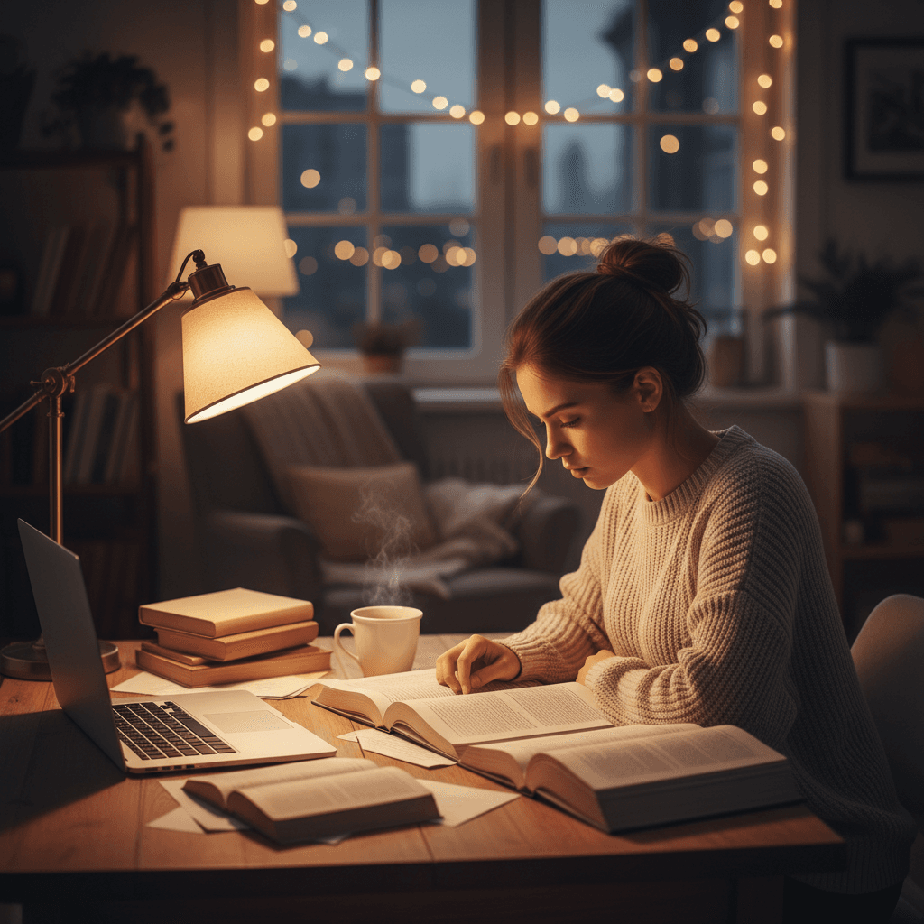 Elementary student in evening reading and writing class online