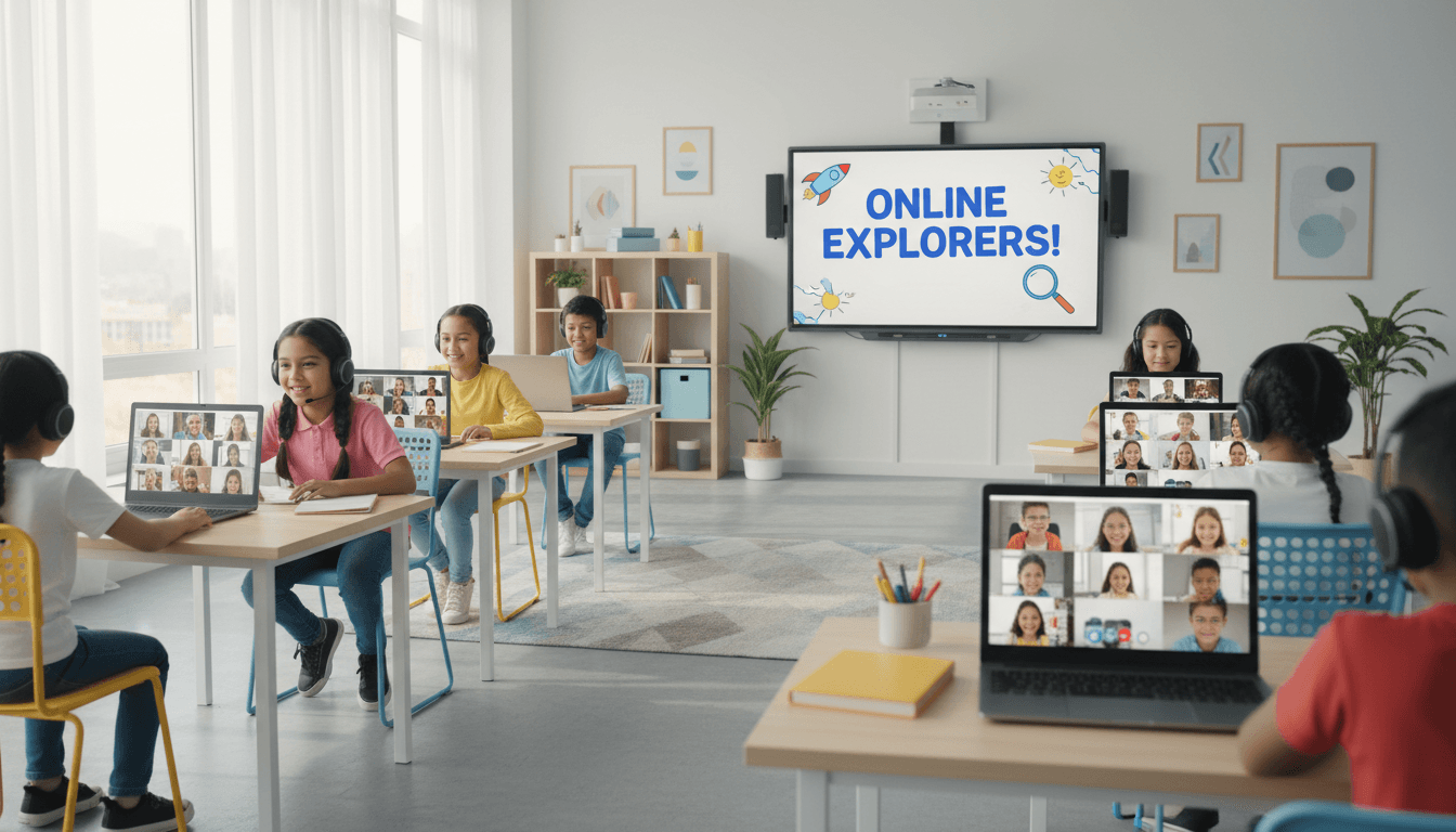 Young elementary students engaged in an online learning session with bright, modern classroom setting