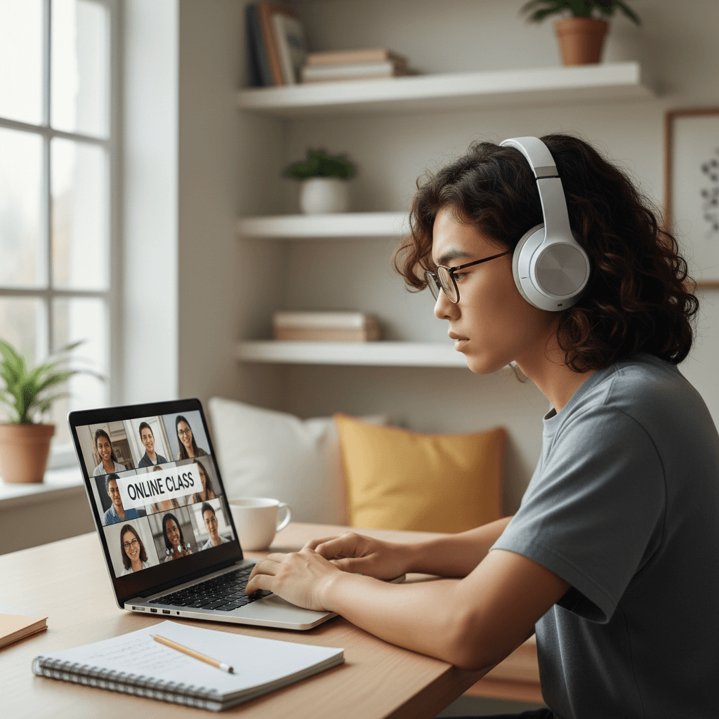 Students participating in online summer educational class with focused attention and modern technology setup