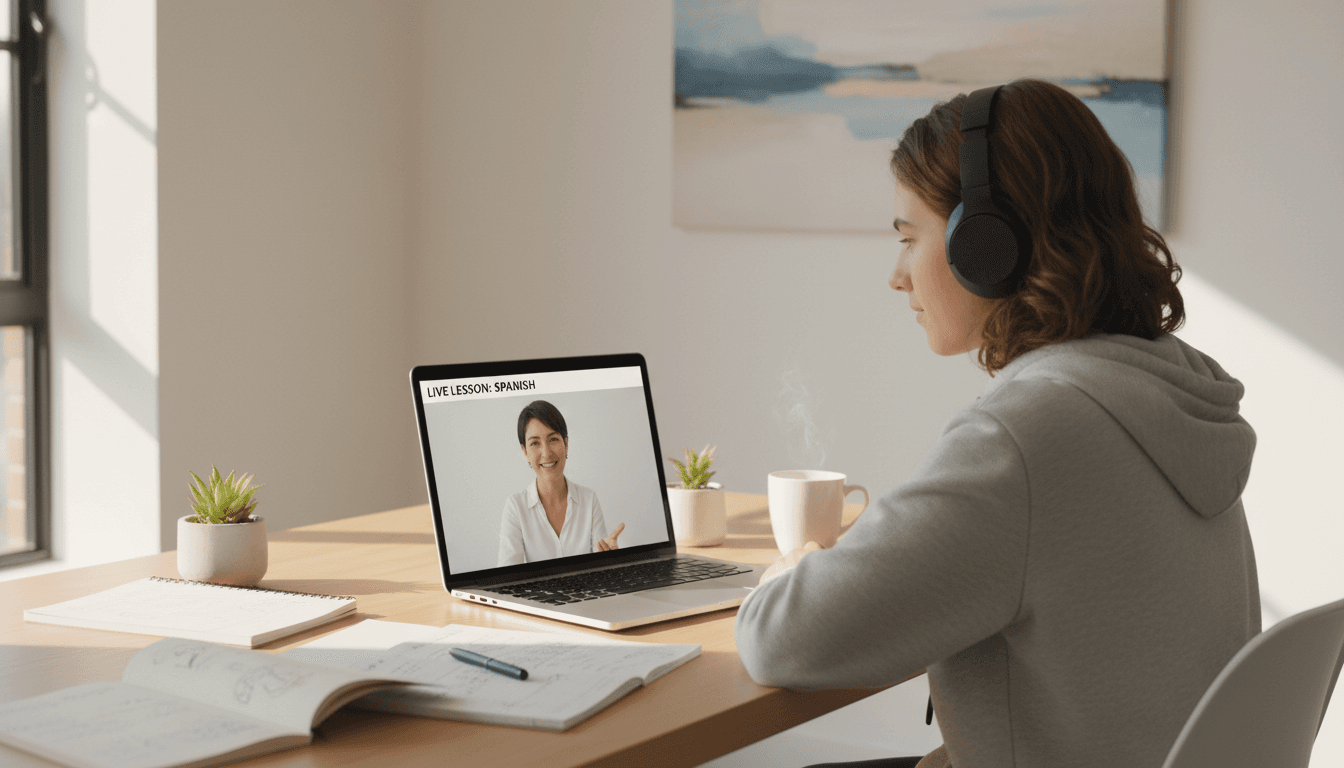 Student in live Spanish class with instructor